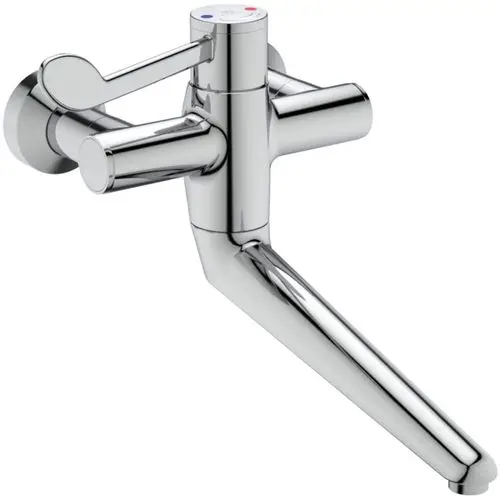 Wandthermostat in Chrom-Ausführung von Ideal Standard mit einem einarmigen Bedienhebel zur Temperaturregelung, montiert an Wandanschlüssen.